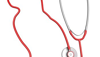 A red stethoscope is formed into the shape of a cat with the ear pieces being the tail.