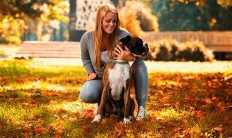 A blonde woman in athletic gray clothing is holding her brindle and white boxer on an autumn day in the park.