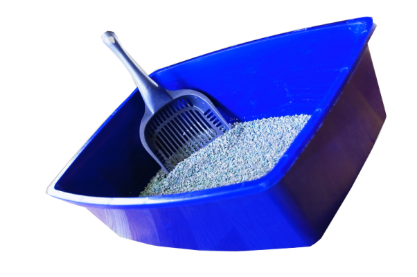 A blue plastic litter box is shown with a blue scoop and litter.