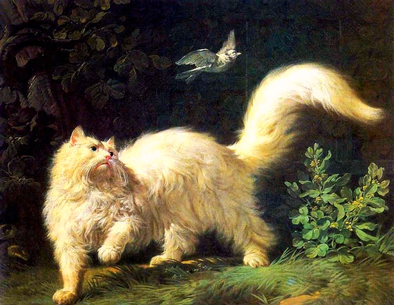 A French oil painting of a white Angora cat about ready to chase a flying bird in a garden venue.
